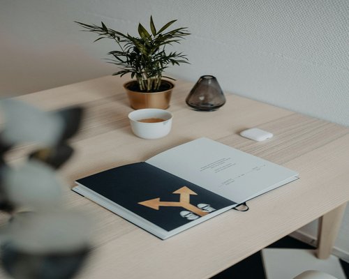 A neatly organized desk with a journal and a plant